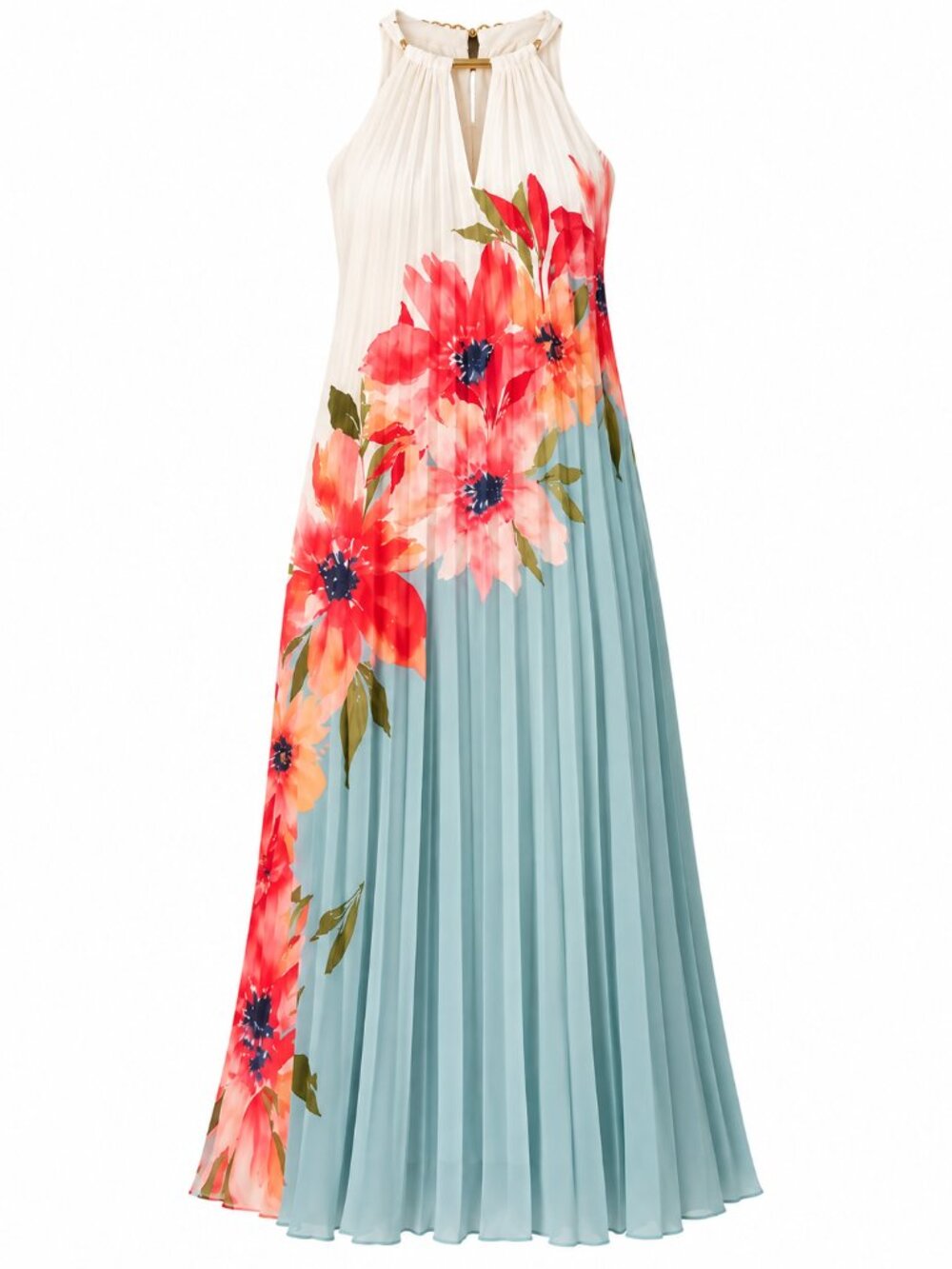 Adrianna Papell Blue Multi Floral Pleated Halter Midi Dress Size 12 NWT - Picture 4 of 6